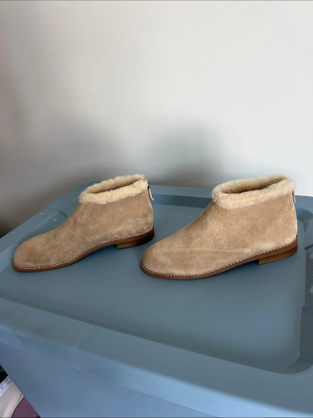 Eileen Fisher drift ankle boot booties biscuit sport suede leather tan shearling